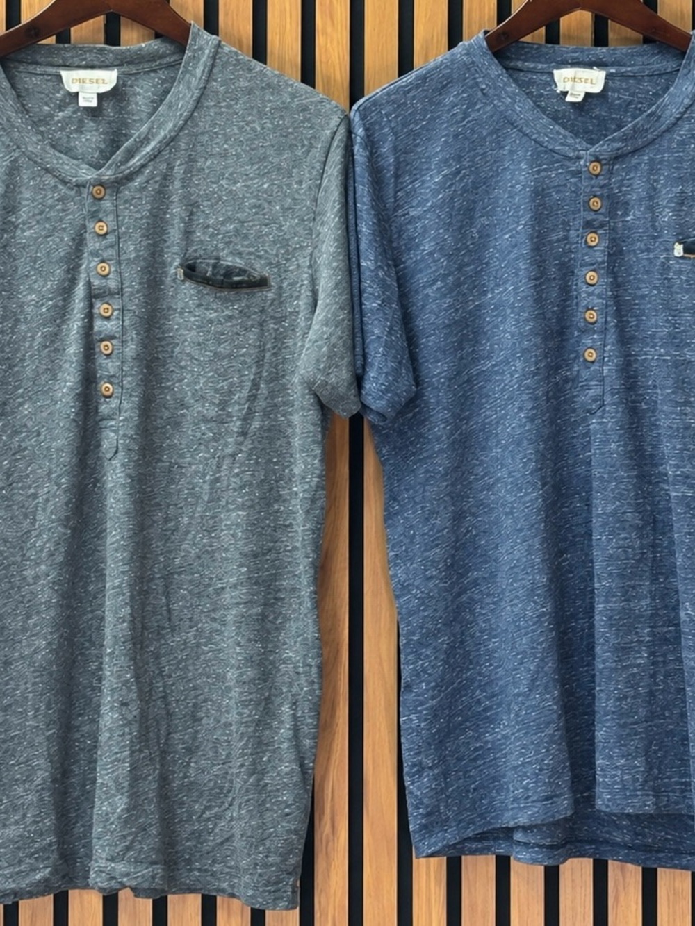 Lot of 2 Diesel Henley T-Shirts Heather Grey & Navy Zip Pocket Size XXL
